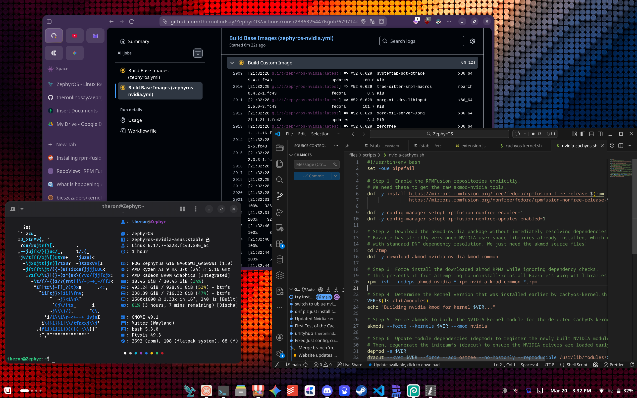 ZephyrOS development desktop with terminal, CI logs, and VS Code