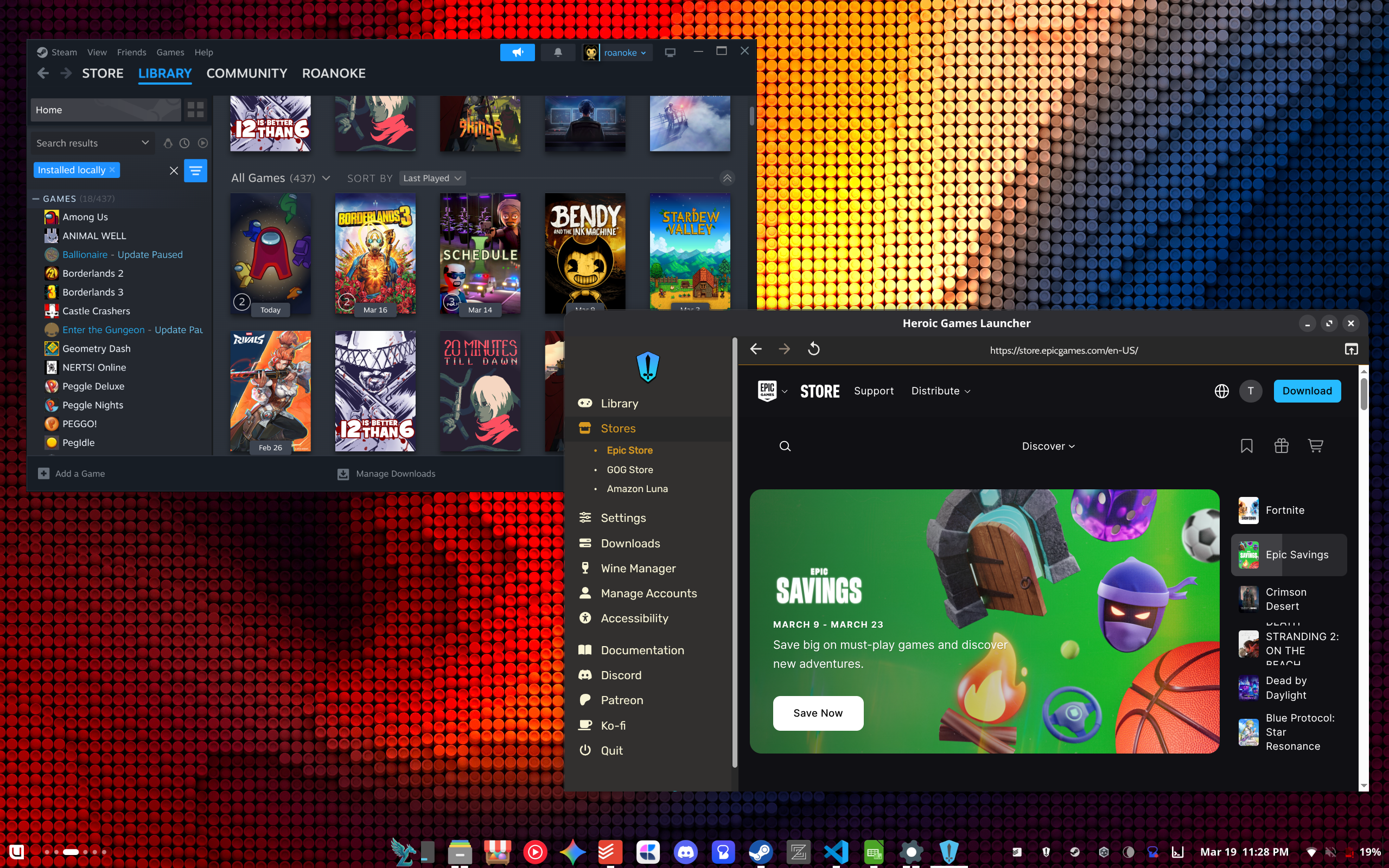 ZephyrOS gaming desktop showing Steam and Heroic launcher
