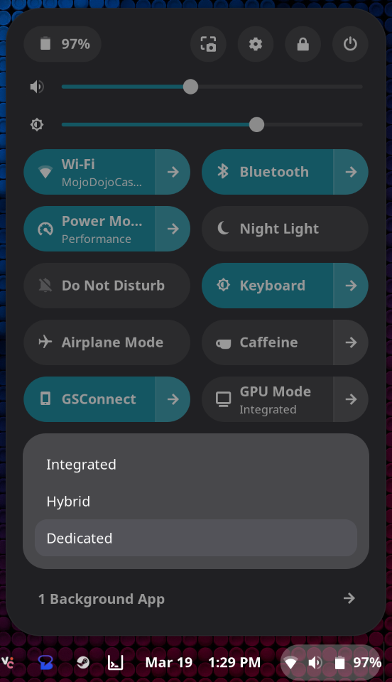 ZephyrOS quick settings showing GPU mode switching options